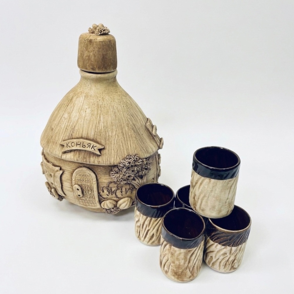 70s Vintage Curated Home European Ceramic Hatka House Decanter Cognac Set 5 Cups